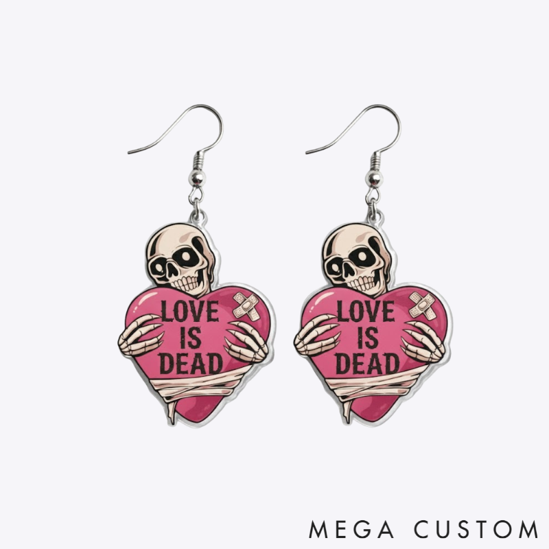 Personalized Acrylic Skull Heart Statement Earrings Dark Sweet Goth Style with "LOVE IS DEAD" for Edgy Fashion Fans