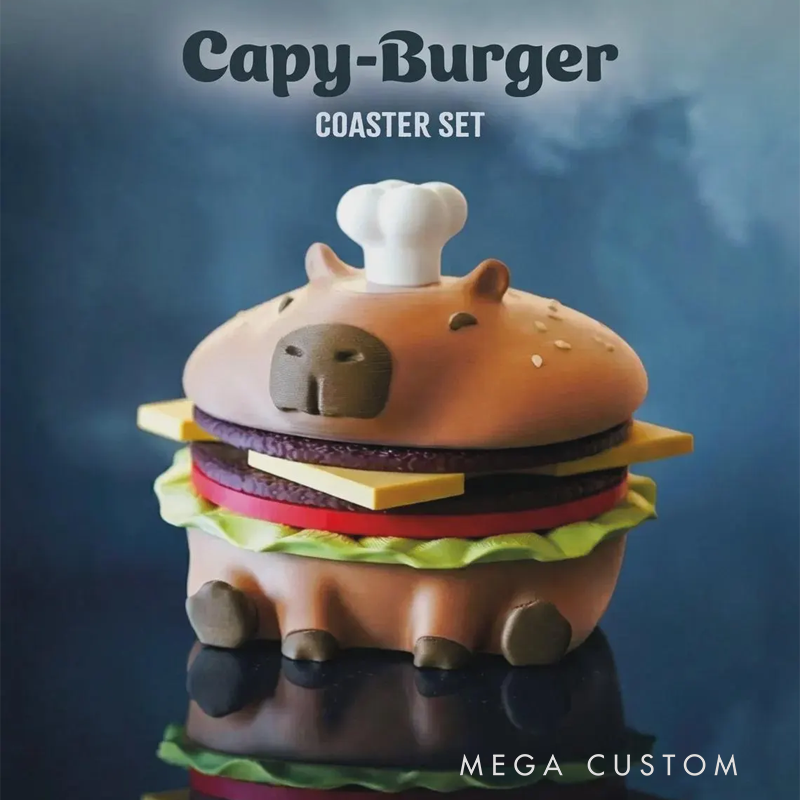 Capy-Burger Coaster Set – Cute Capybara + Burger 3D Printed Coasters, Kitchen & Bar Accessory, Unique Gift Idea,