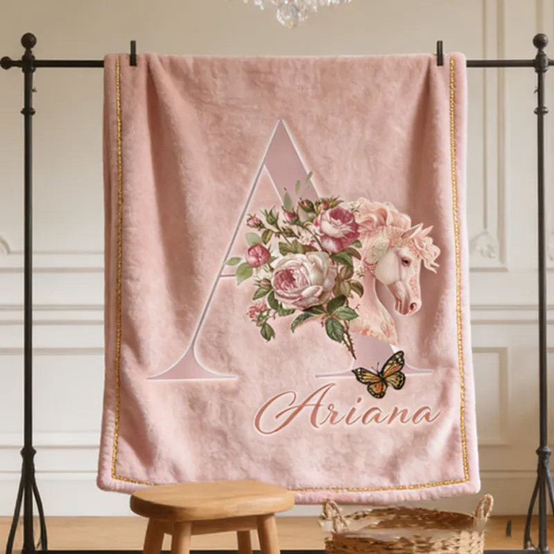 Personalized Initials Letter Riding Floral Blanket Floral Horse Custom Name Festive Flower Decor with French Countryside Gifts Family Blanket for Riding Lovers Equestrian Lovers