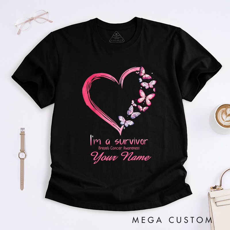 Personalized I Am A Survivor Breast Cancer Awareness Heart And Butterfly Support T-Shirt  
