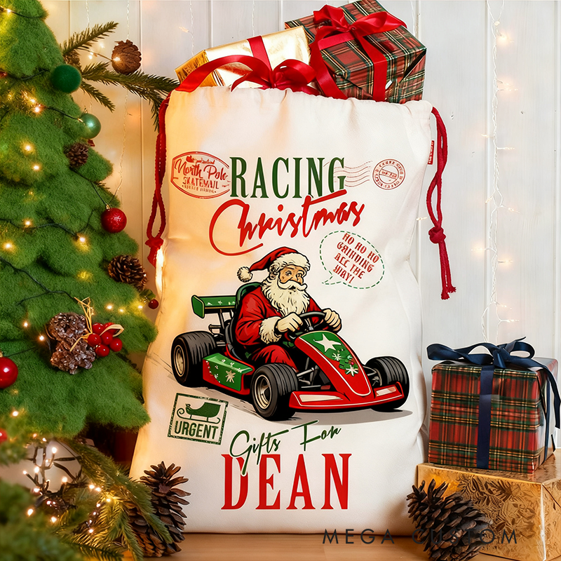 Personalized Racing Christmas Sack Custom Name Racing Christmas Gift Bag for Racers and Racing Lovers