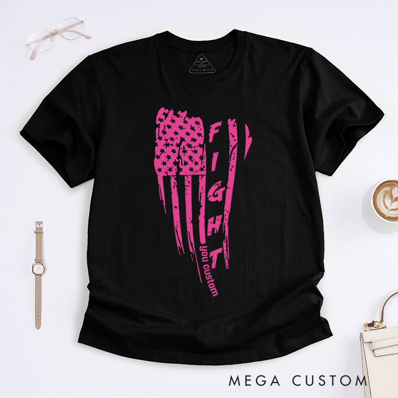 Personalized Fight American Flag Breast Cancer Ribbon Design Supporting Strength and Resilience T-shirt