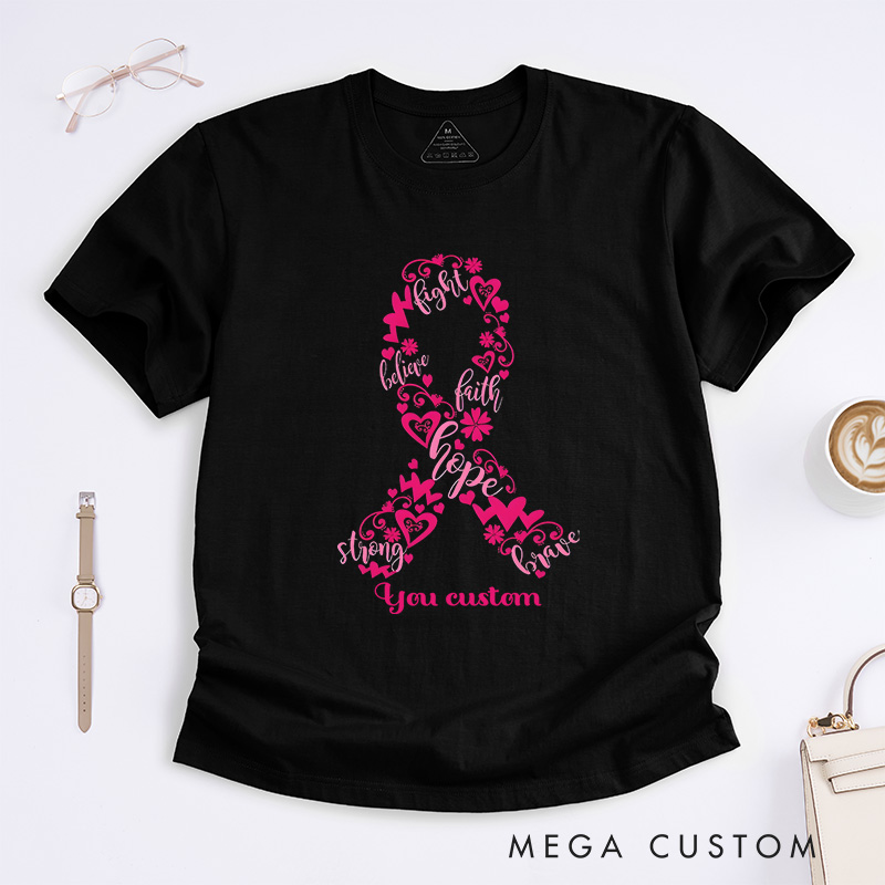 Personalized Floral Pink Ribbon Breast Cancer Awareness Elegant and Supportive T-shirt