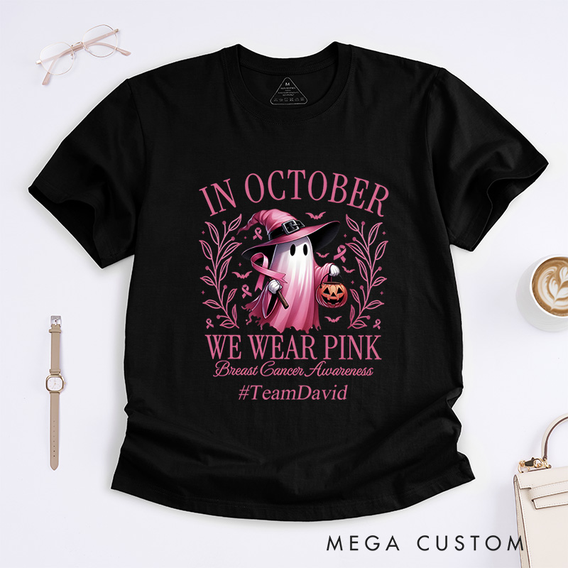 Personalized In October We Wear Pink Breast Cancer Awareness Halloween Support T-Shirt  