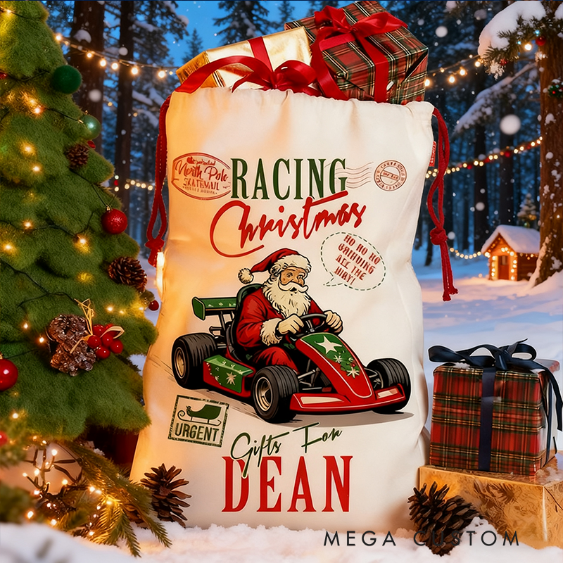 Personalized Racing Christmas Sack Custom Name Racing Christmas Gift Bag for Racers and Racing Lovers