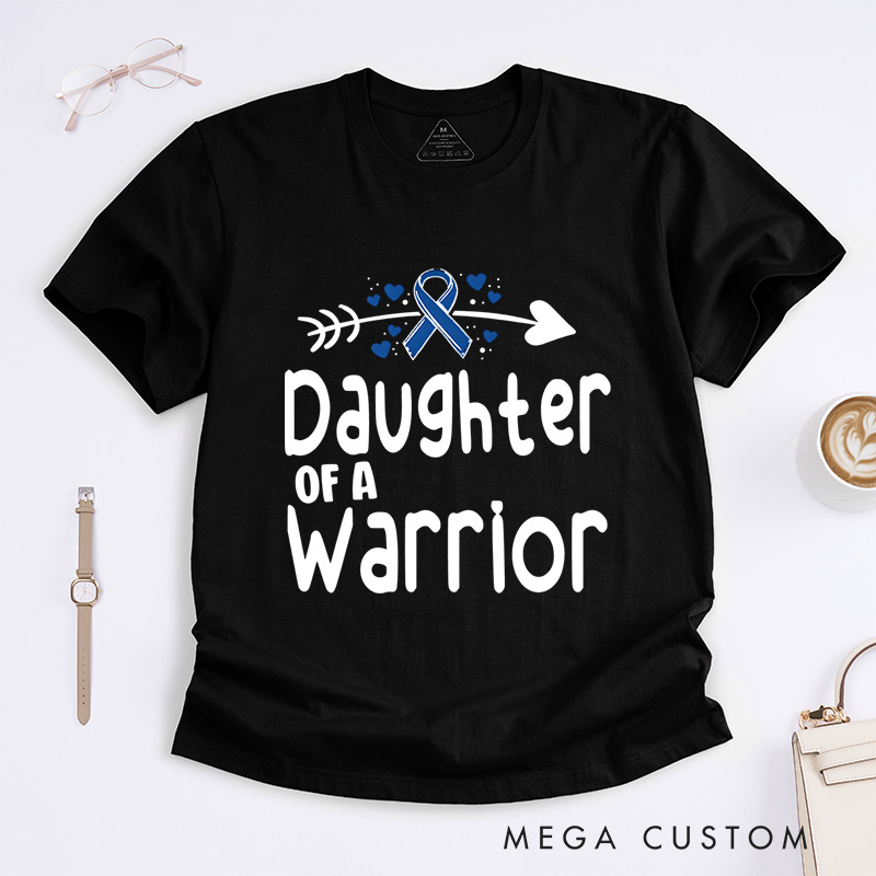 "Daughter of a Warrior" T-shirt celebrating resilience and strength with a ribbon and arrow Colon Cancer.