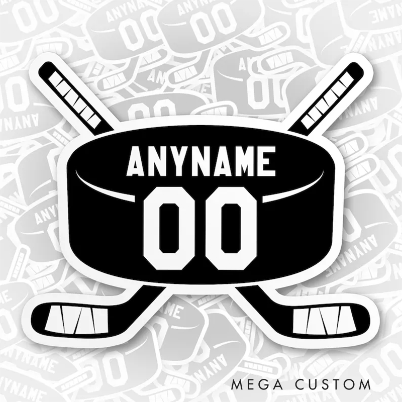 Personalized Hockey Sticker Featuring a Bold Puck and Sticks with Custom Name and Number