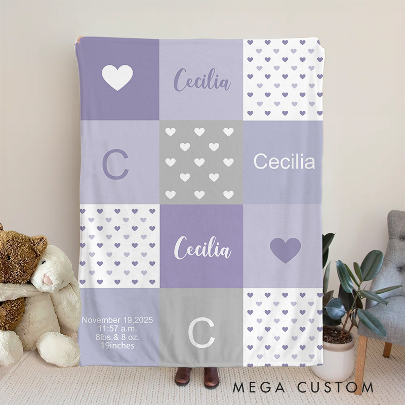 Personalized Baby Name Blanket - Soft Pastel Patchwork Design with Birth Details Baby  Keepsake