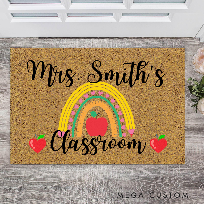 Personalized Door Mat for Teacher with Apple Rainbow Design Teacher Welcome Mat Teacher Housewarming Gift