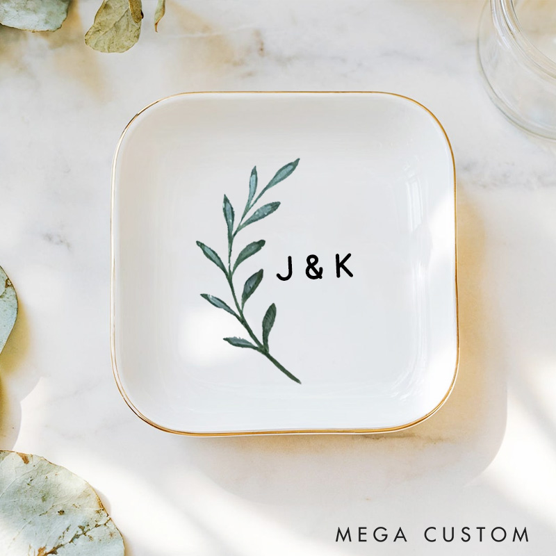 Personalized Watercolor Olive Branch with Initials Wedding Engagement Gold-Trimmed Ring Dishes