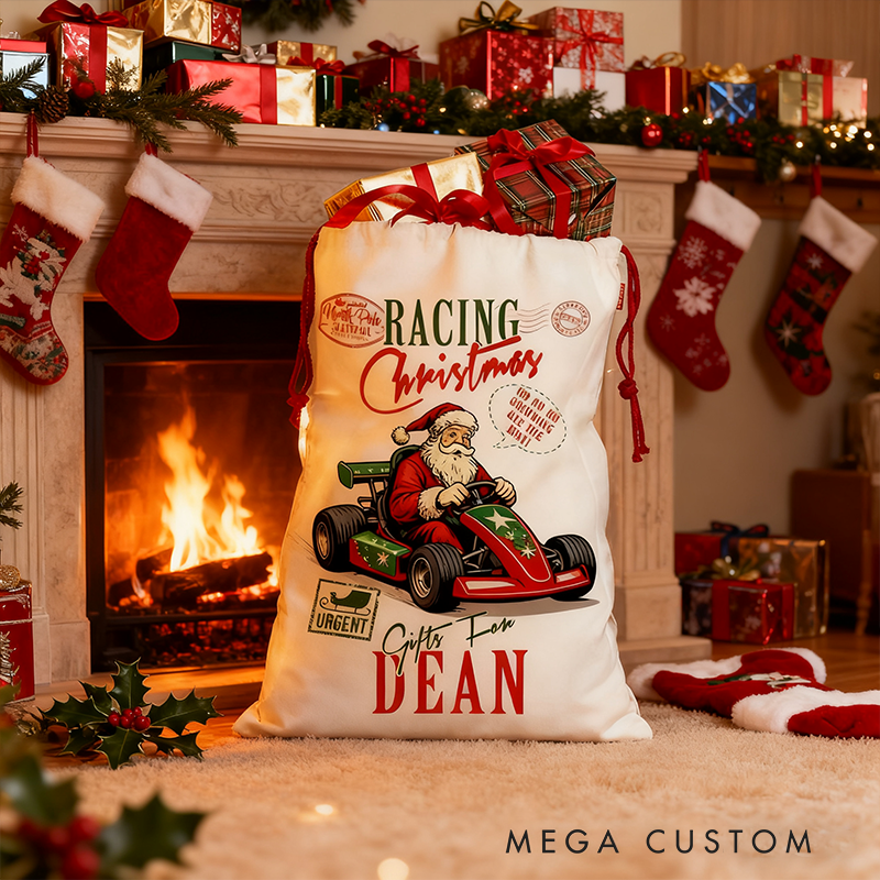 Personalized Racing Christmas Sack Custom Name Racing Christmas Gift Bag for Racers and Racing Lovers