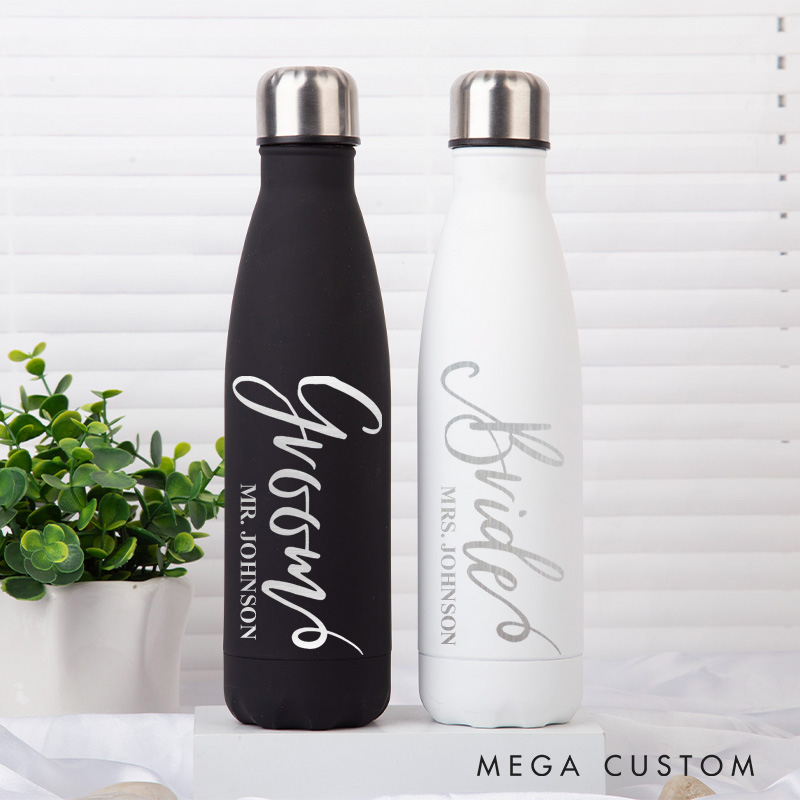 Personalized Bride and Groom Matching Wedding Couple 17oz Stainless Steel Water Bottle