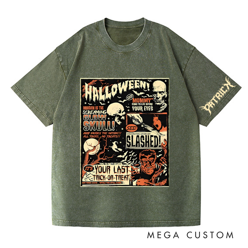 Personalized Halloween Poster Washed T-Shirts Horror Skeleton Tshirt for Movie Lovers