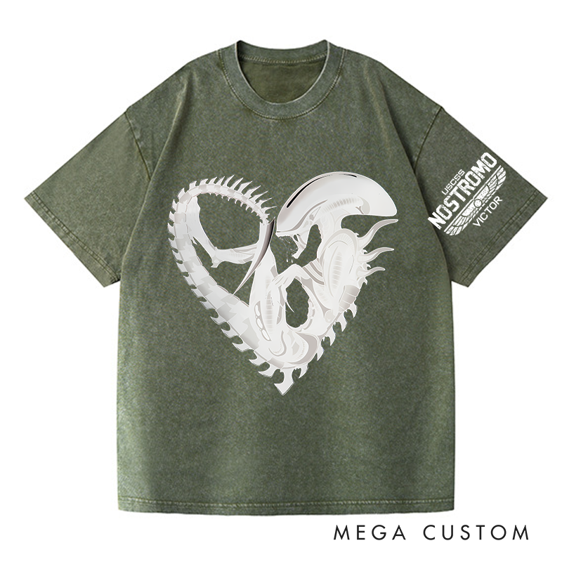 Personalized the Alien Heart Washed T-Shirts Sci-fi Movie Horror Halloween Space Opera Tshirt for Movie TV Show Lovers