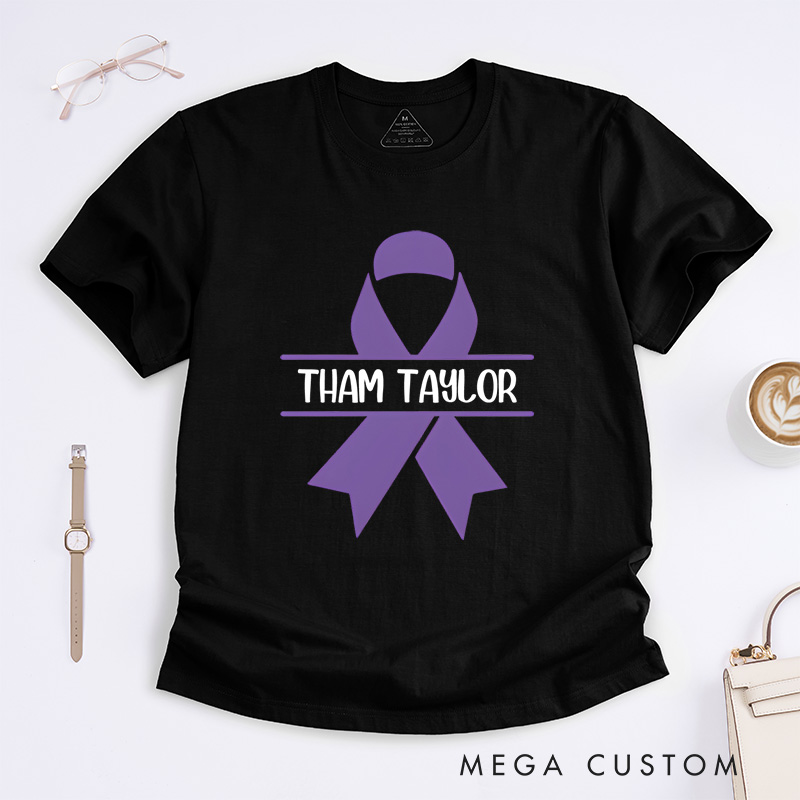 Personalized Purple Ribbon Pancreatic Cancer Custom Name Support T-Shirt Motivational Gift