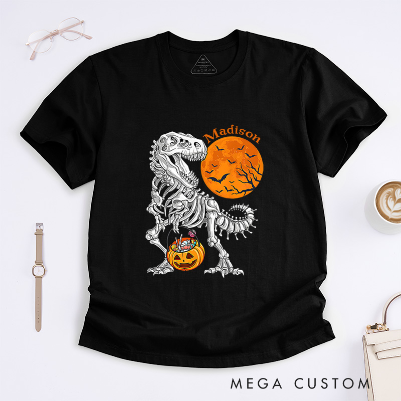 Personalized Dinosaur Skeleton Halloween T-Shirt Perfect for Adding a Unique and Spooky Twist T-Shirt