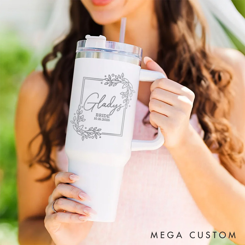 Personalized Bridesmaid Rectangle Wreath 40oz Tumbler Maid of Honor Tumbler with Lid and Straw Bride Bachelorette Party Gift Bridal Shower Tumbler