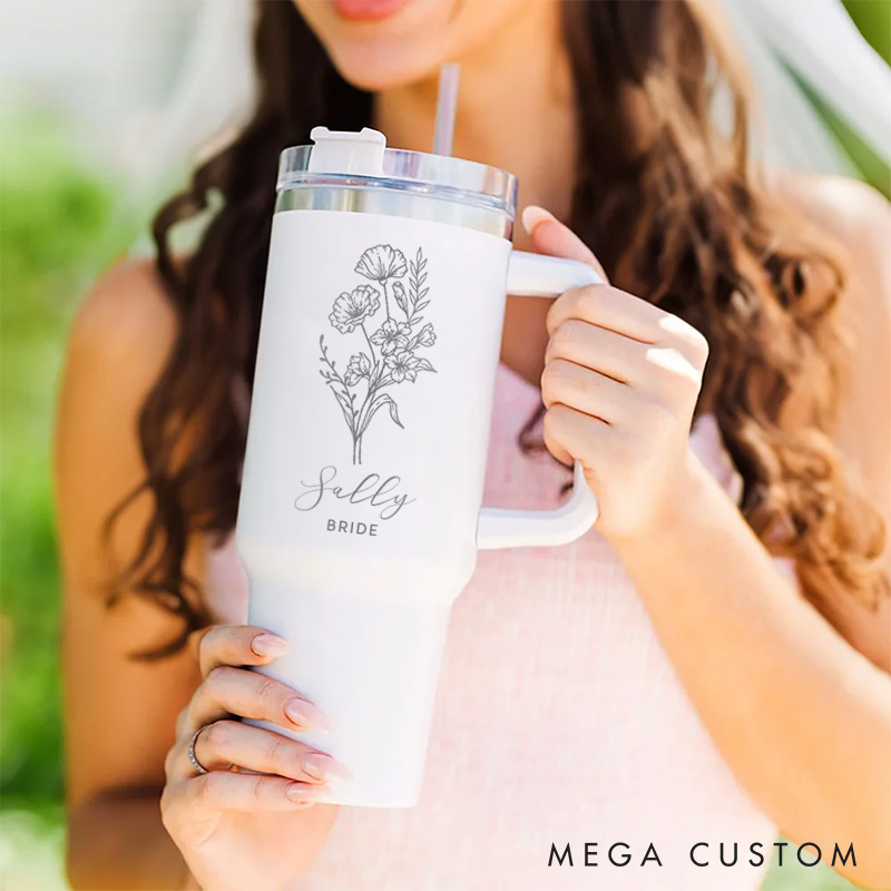 Personalized Stylish Bridesmaid Birth Flower 40oz Tumbler Bride Month Flower Tumbler with Lid and Straw Maid of Honor Bachelorette Party Gift for Her