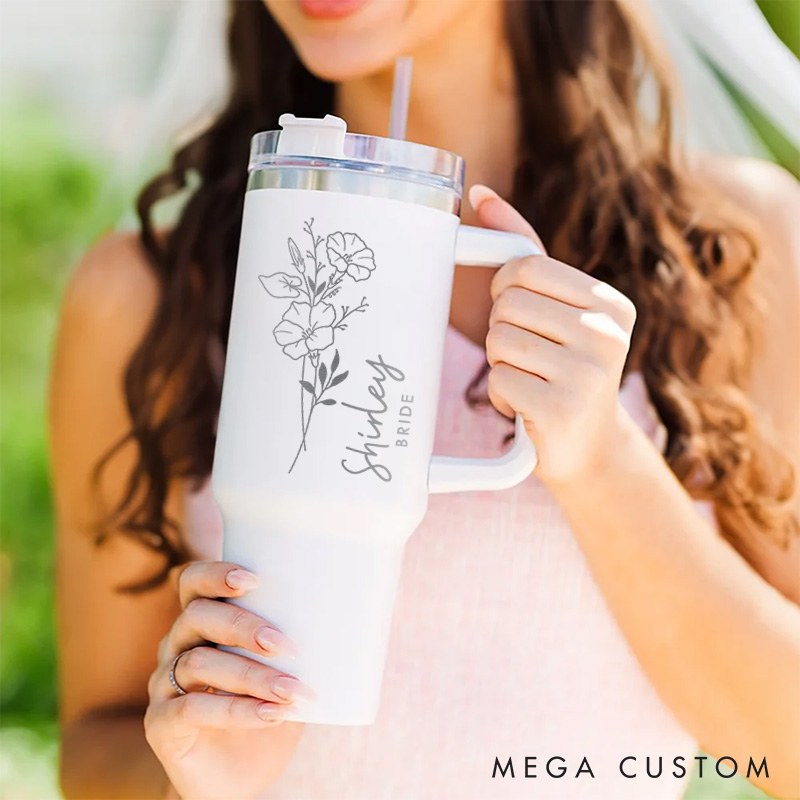 Personalized Bridesmaid Bride Birth Flower 40oz Tumbler Maid of Honor Month Flower Tumbler with Lid and Straw Bachelorette Bridal Shower Party Gift