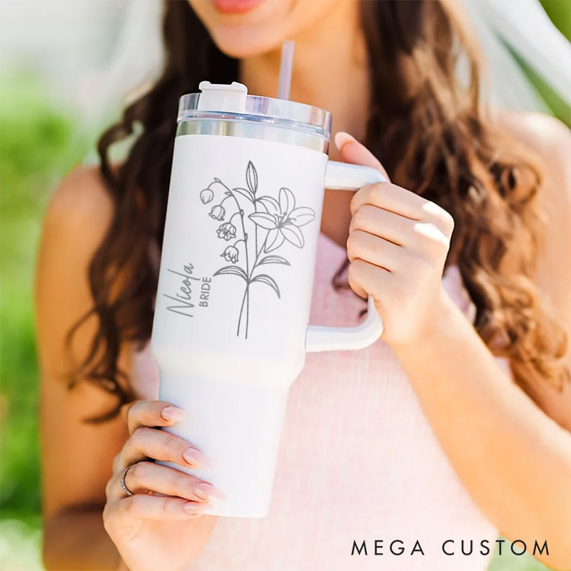 Personalized Stunning Bridesmaid Birth Flower 40oz Tumbler Maid of Honor Month Flower Tumbler with Lid and Straw Bachelorette Party Bridal Shower Gift