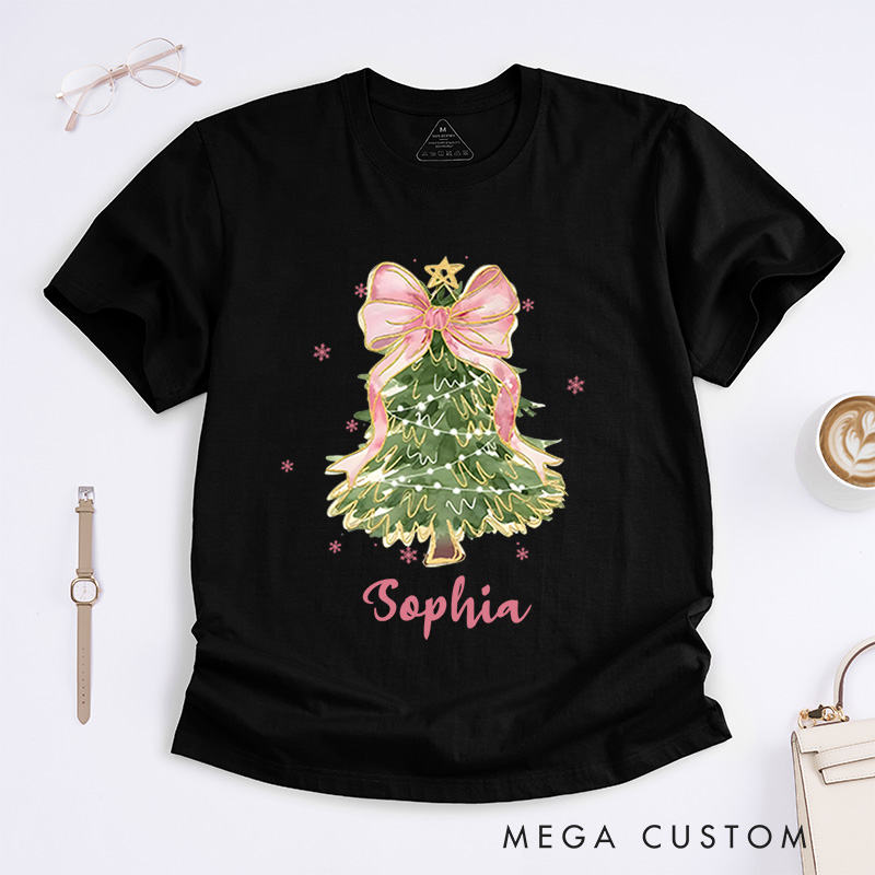 Personalized Christmas Tree with Pink Bow and Lights Christmas T-Shirt