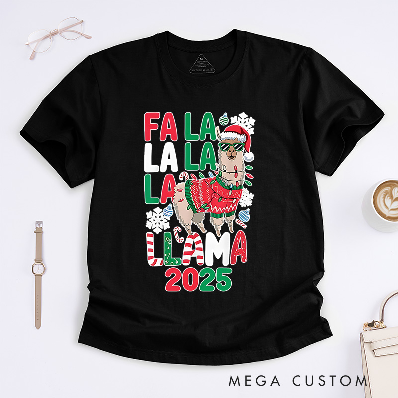 Personalized Fa La La Llama with Santa Hat and Scarf Christmas T-Shirt