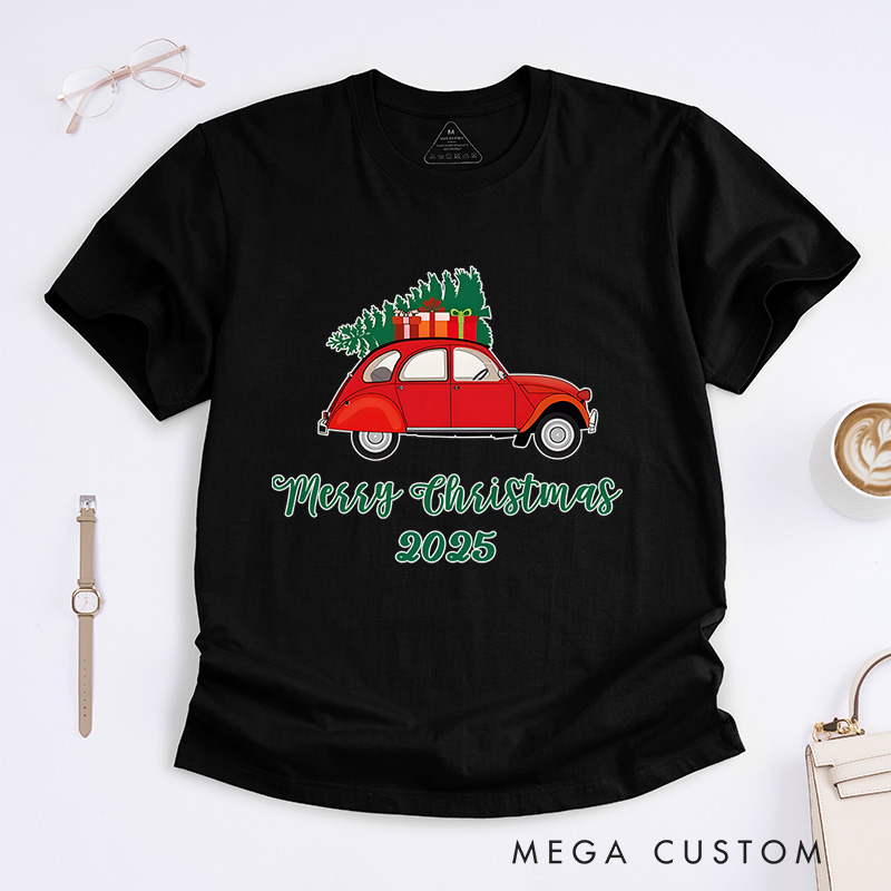 Personalized Red Car Carrying Christmas Tree with Merry Christmas Text Christmas T-Shirt