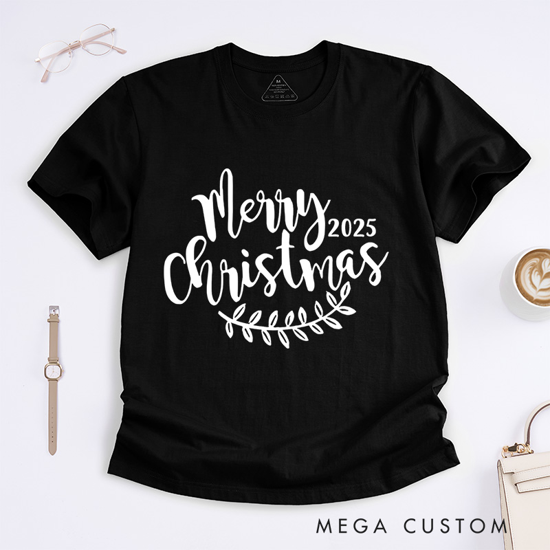 Personalized Merry Christmas Leaf Accent Christmas T-Shirt