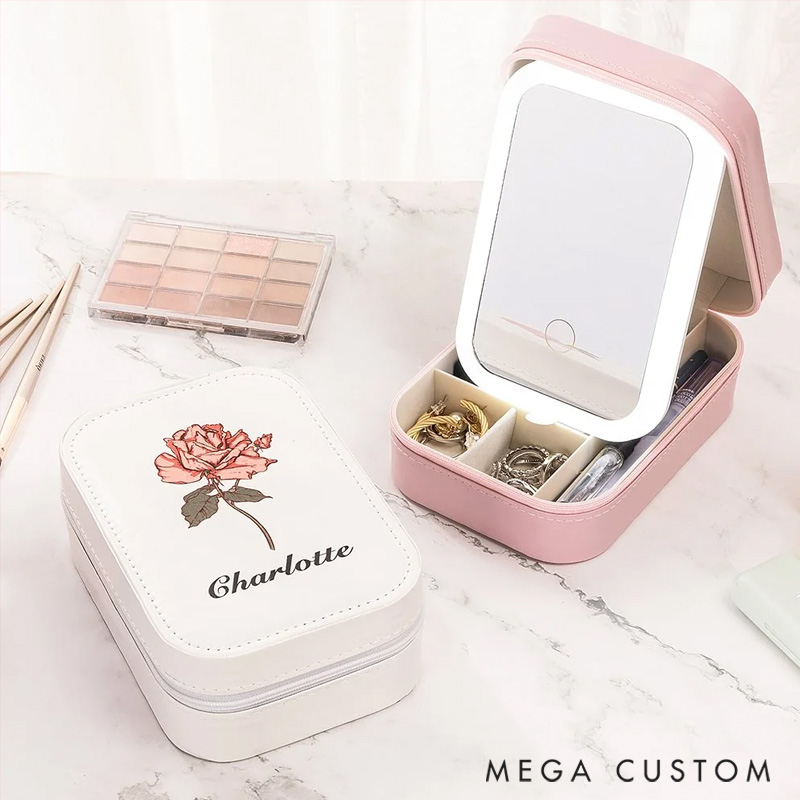 Personalized Portable Leather Travel Jewelry Box with  Birth Flower Name and LED Makeup Mirror Birthday Gift for Women