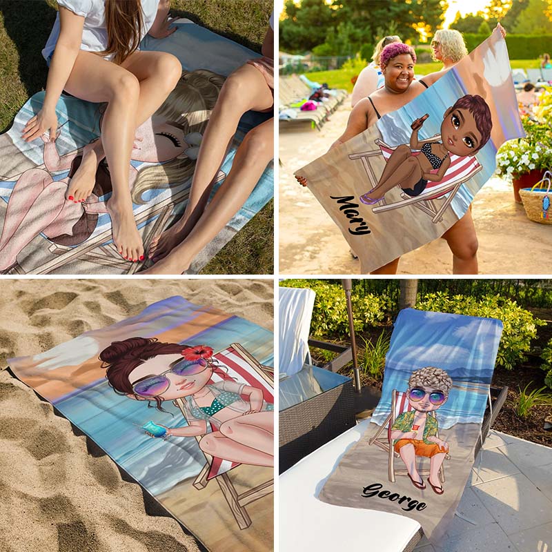Personalized Sky Blue Sunset Cartoon Quick Dry Oversized Microfiber Beach Towel with Name Summer Travel Essentials Birthday Gift for Family Friends
