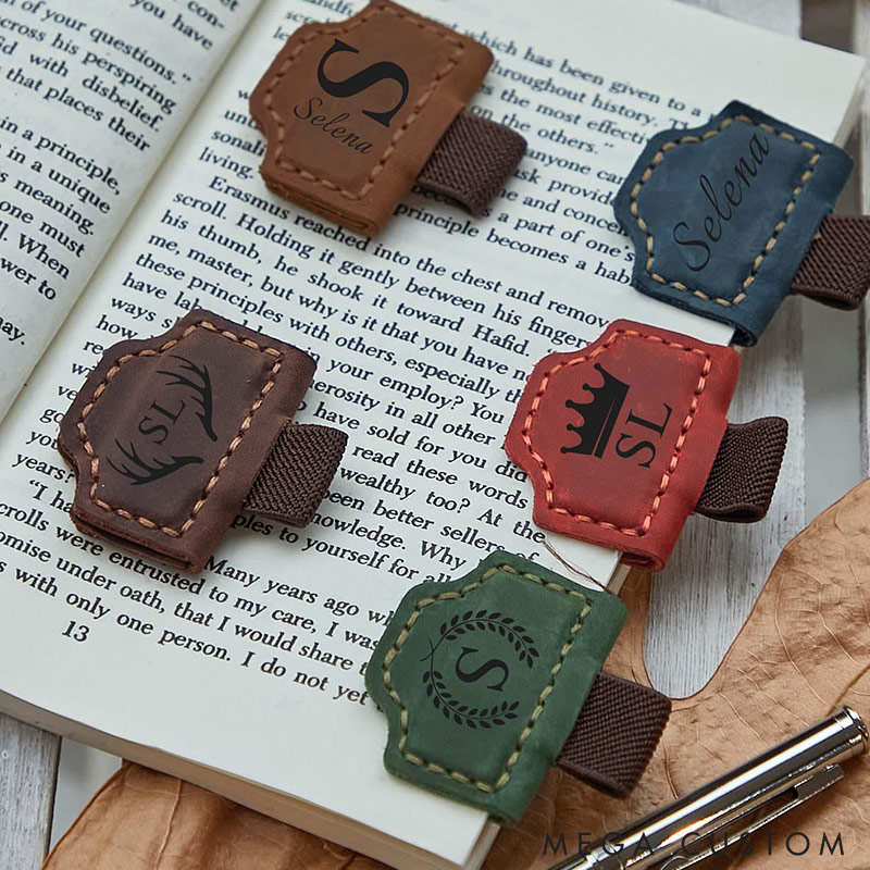 Personalized Logo Leather Book Mark with Pen Holder Engraved Magnetic Bookmark Leather Magnetic Pen Loop for Notebook Book Lover Gifts