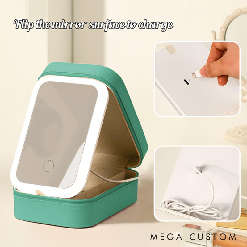 Personalized Cartoon Character Birth Flower Leather Jewelry Box with LED Three-color Makeup Mirror Travel Essential Birthday Gift for Women