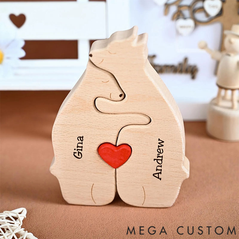 Personalized Carved Wooden Bear Family Jigsaw Puzzle, Wood Bear Figurines, Hugging Bear Family Keepsake Gift for Parents, Christmas Bear Decor