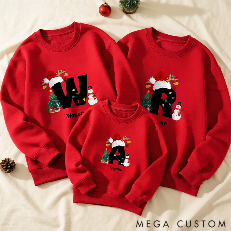 Personalized Christmas Trees Snowmen Multicolor Sweatshirt Hoodie with Initial and Name Christmas Gift for Family 
