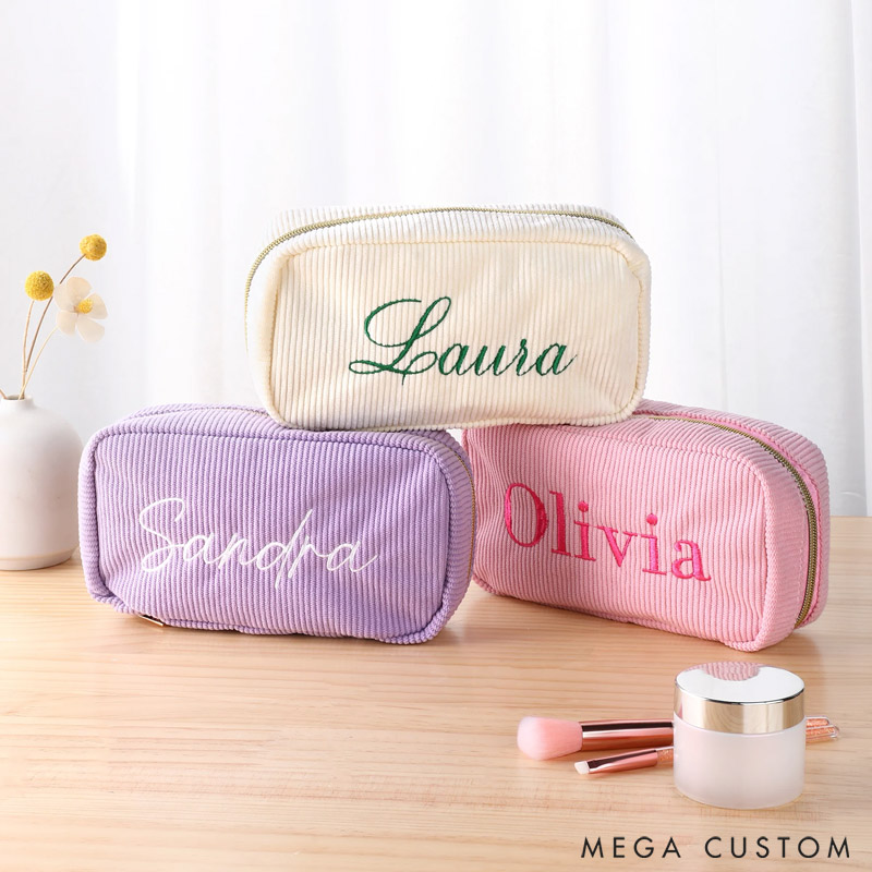 Personalized Multicolor Corduroy Travel Makeup Toiletry Bag with Embroidered Name Daily Use Gift for Women