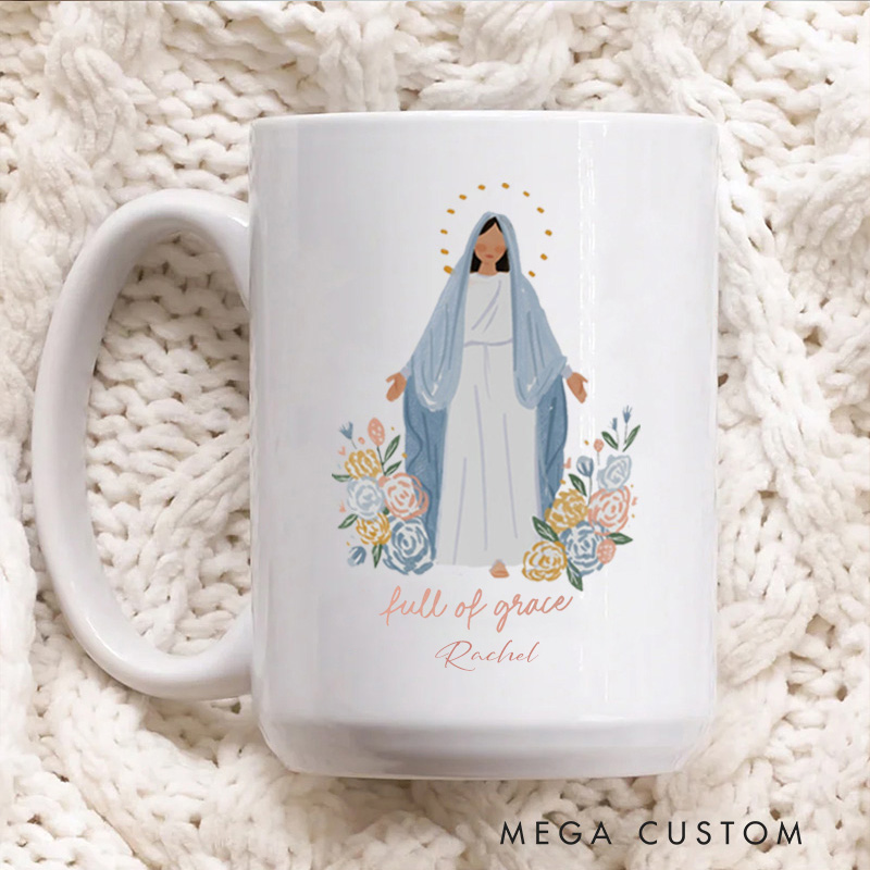 Personalized Full of Grace Virgin Mary Ceramic Mug with Floral Accents Catholic Religious Gift Birthday Gift for Women and Girls 