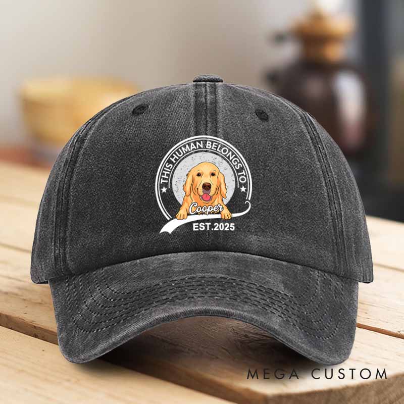 Personalized Dog Lover This Human Belongs to Me Washed Cap