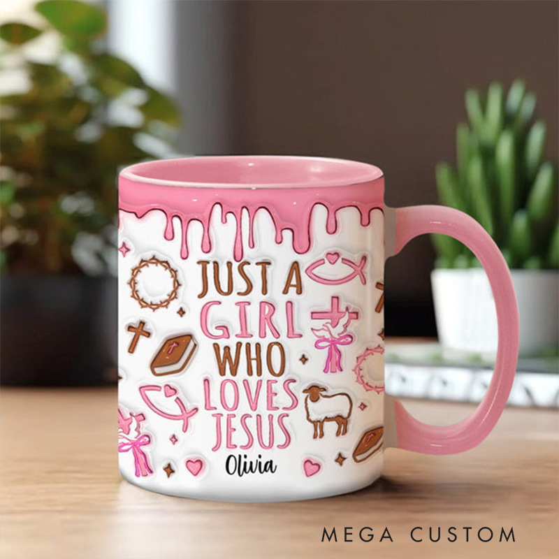 Personalized Just a Girl who Loves Jesus Ceramic Mug with Name Religious Inspirational Gift Birthday Gift for Girls