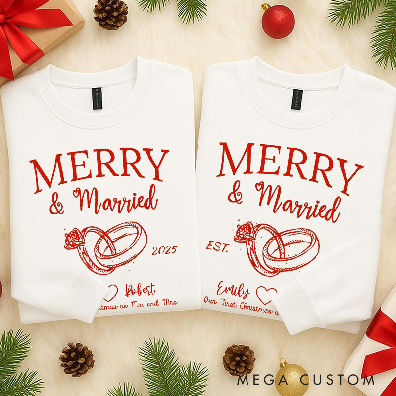 Personalized Merry and Married Sweatshirts for Newlywed Couple First Christmas Sweatshirt