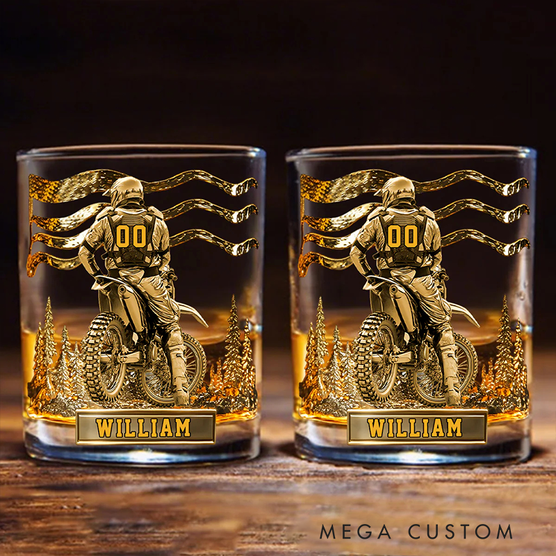 Personalized Motocross Racer Whiskey Glass Custom Name Design Rock Tumbler Gift for Motocross Racers and Motorcycle Lovers