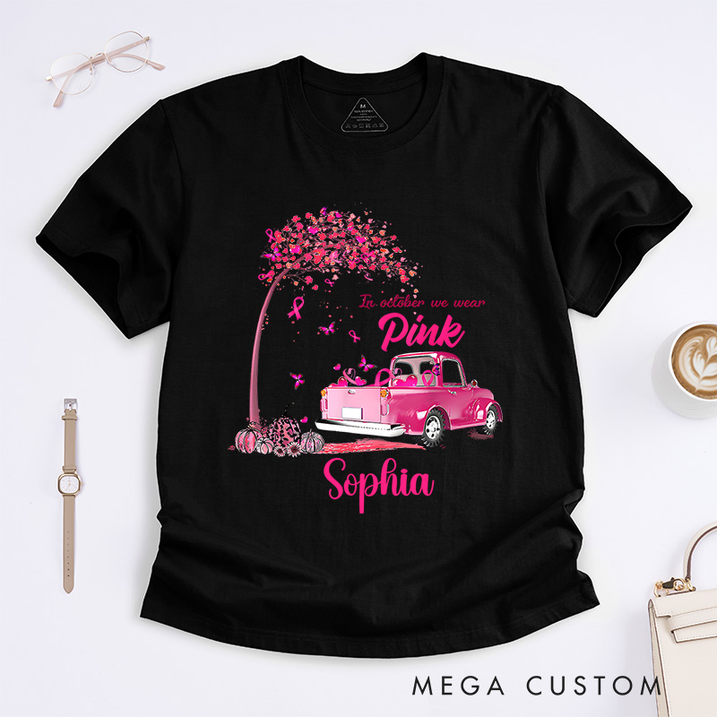 Personalized In October We Wear Pink Vintage Car Breast Cancer T-shirt