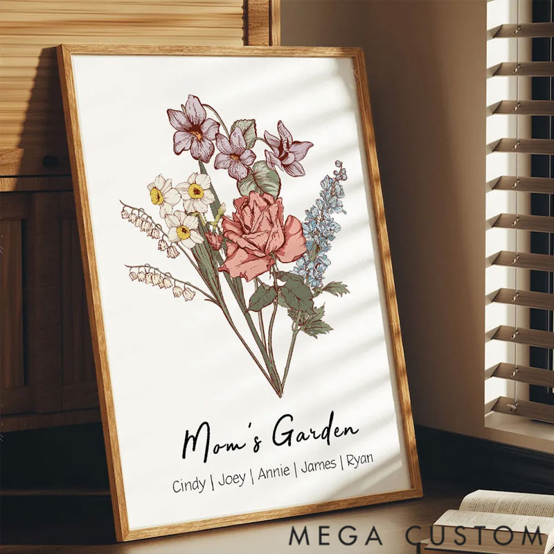Personalized Family Flower Garden Print, Christmas Gift, Custom Birth Flower Bouquet Wall Art, Our Family Personalized Antique Flower Digital Print
