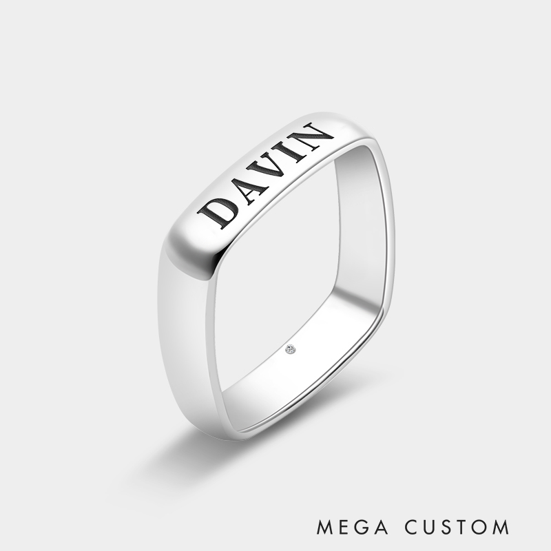 Personalized Sterling Silver Square Ring with Birthstone and Engraved Name Unique Custom Jewelry Rings 925 Sterling Silver Gifts for Her