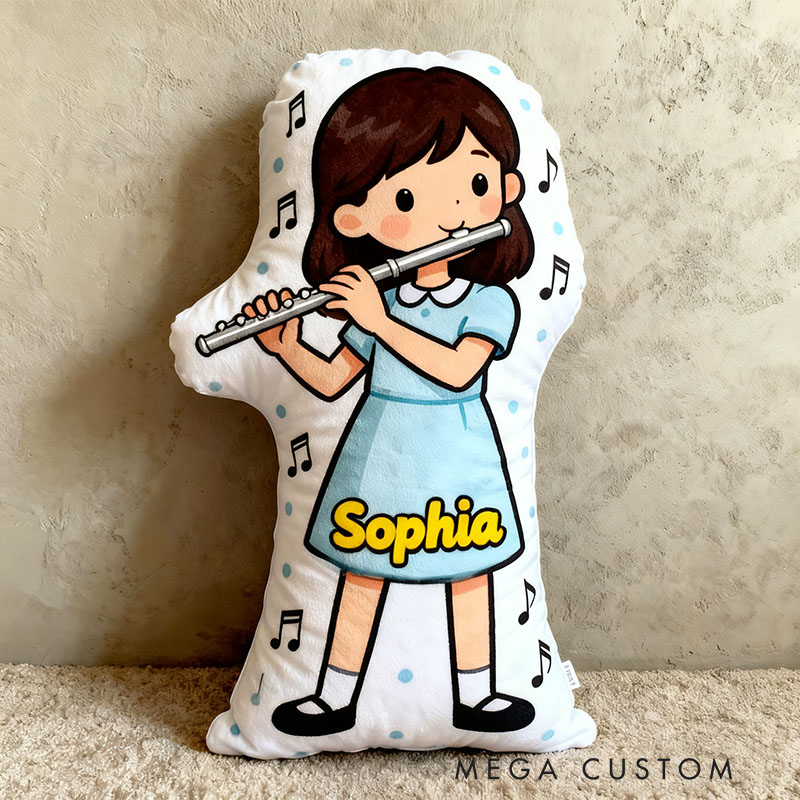 Personalized Flute Pillows with Customizable Skin Tone Hair Color and Name Soft Stuffed Toy for Kids Flute Lovers for Girls' Room and Music Room
