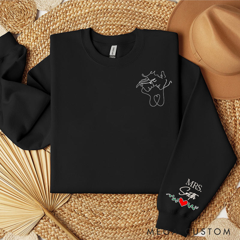 Personalized Line Drawing couple Sweatshirt Custom Family Name for Her Wife Gift Anniversary Valentine's Gift for Wife Holiday Top Cloth for Wife