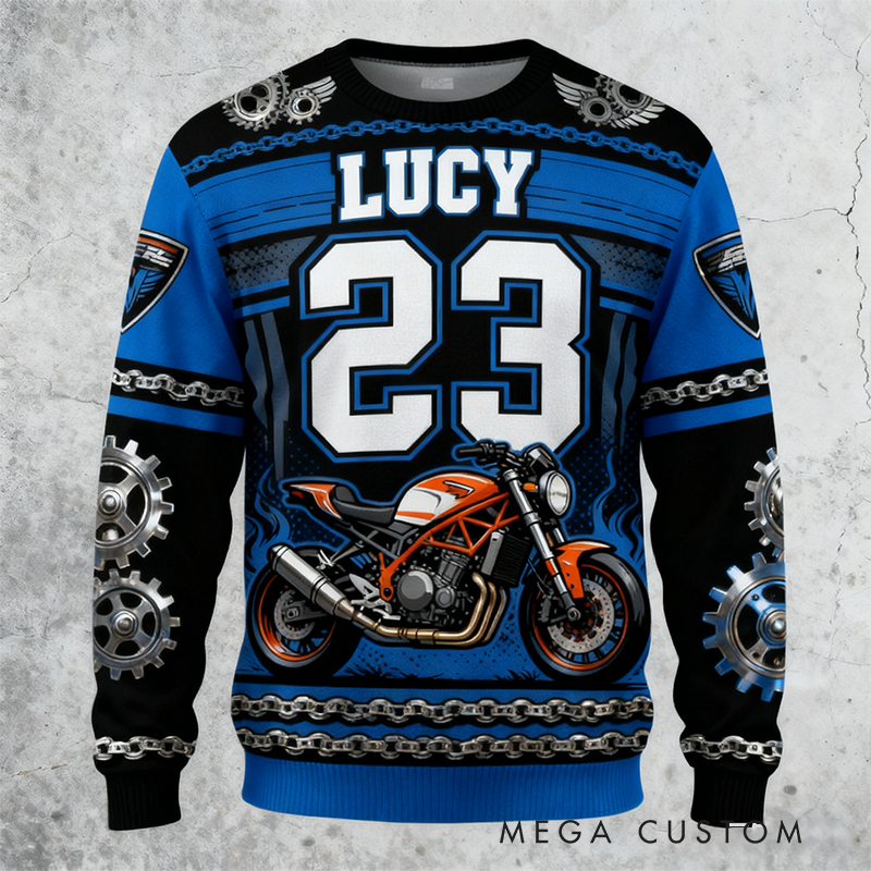 Personalized Motorcycle Themed Ugly Sweater Custom Name and Number Ugly Sweater Xmas Gift for  Motorcyclist