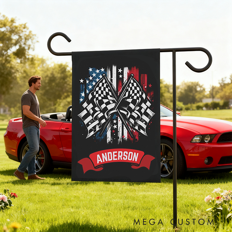 Personalized Checkered Racing Bow Garden Flag Custom Name Flag Unique Decoration Flag for Racer and Racing Lovers