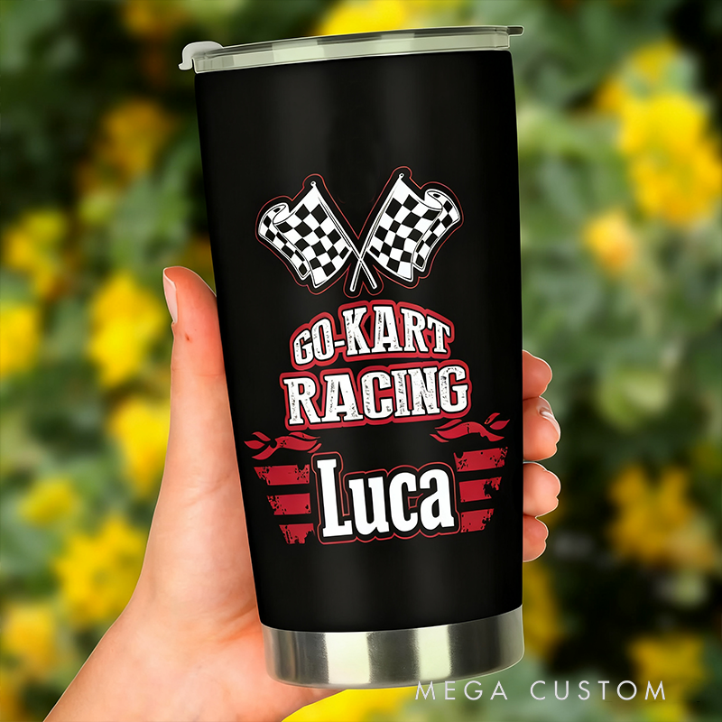 Personalized Go Kart Racing Tumbler Custom Name Stainless Steel Travel Mug Gift for Racers and Racing Lovers