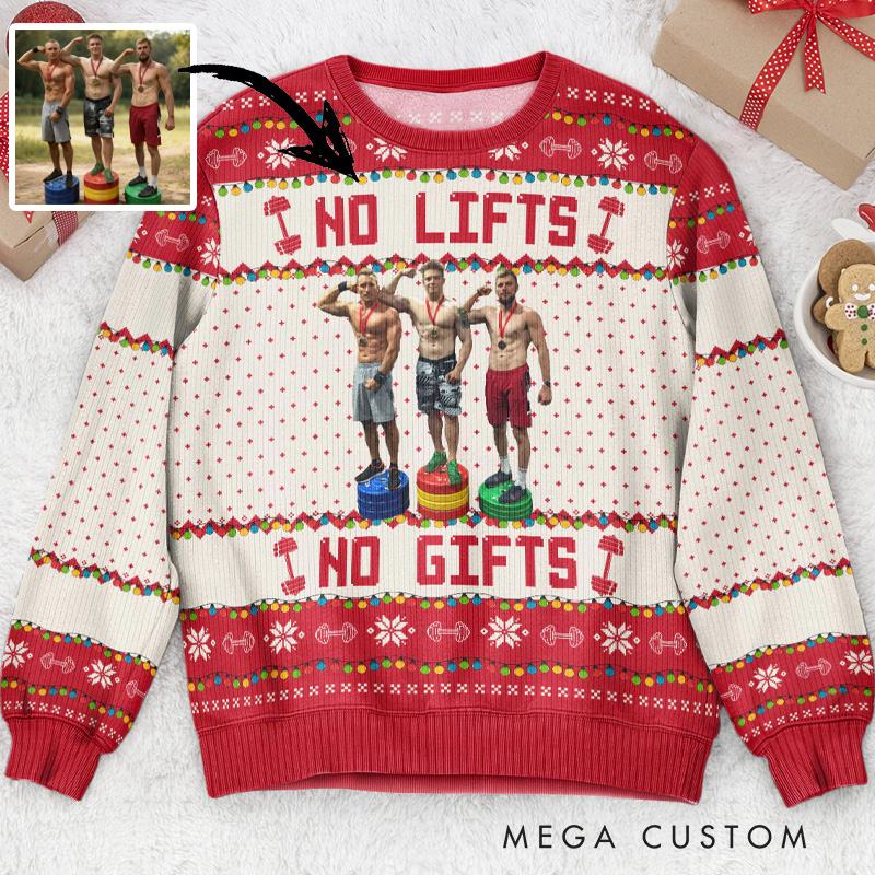 Personalized Photo Custom Merry Fitmas Ugly Christmas Sweater Funny No Lifts No Gifts Fitness Ugly Christmas Sweater Holiday Pullover for Fitness Gym Lovers Fitness Team 