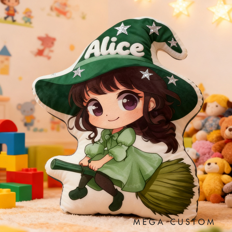 Personalized Graphic 3D Print Magic Witch Pillow with Your Name Soft Stuffed Toy for Kids Unique Decorative Cushion for Girls' Room